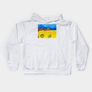 Landscape with yellow filed and blue hills Kids Hoodie